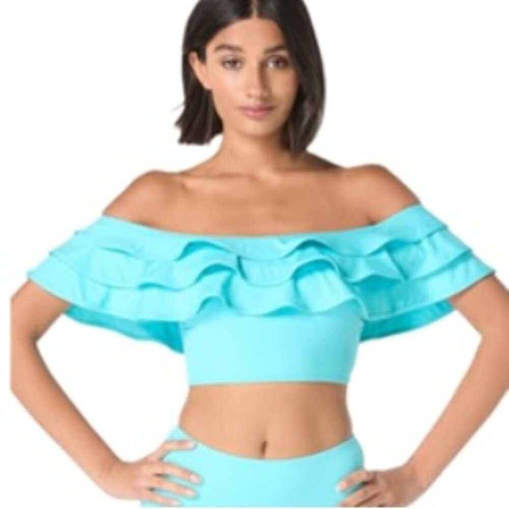 NWT Kate Spade Ruffle River Blue Off Shoulder Wireless Ruffle Swim Bikini Top S - Picture 2 of 5